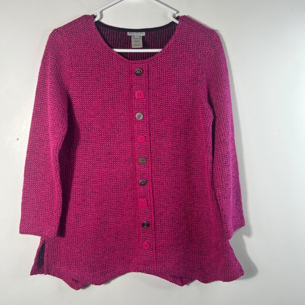 Multiples Marled Textured Button Detail Pullover Knit Sweater Tunic S Pink Black